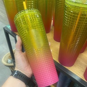 NWT Starbucks Lemonade Yellow & Pink Ombré Grid Tumbler Summer 22